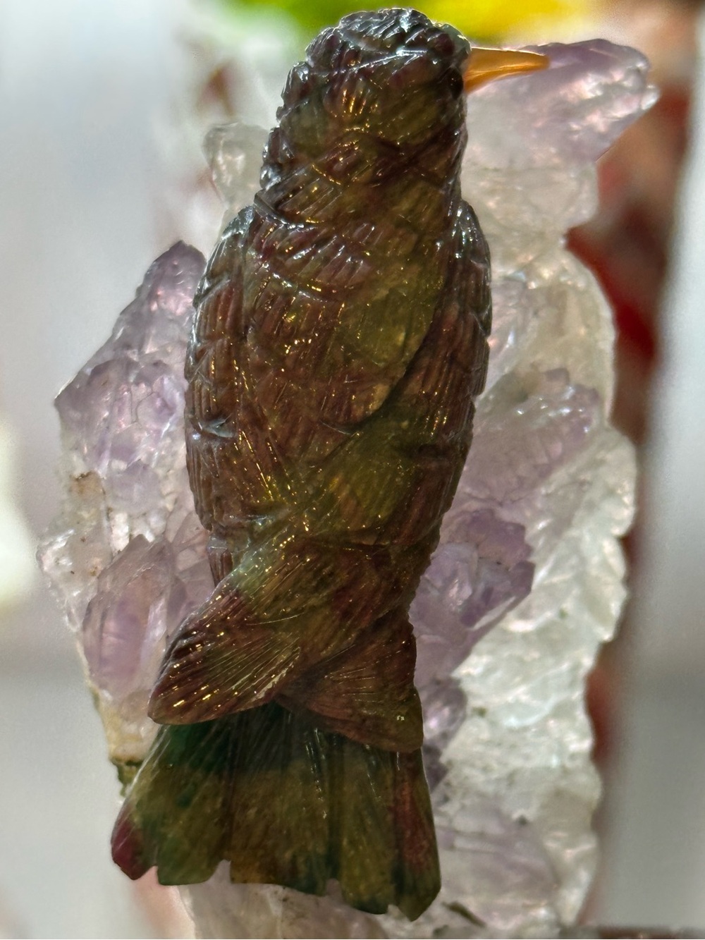 Ruby with Kyanite Hummingbird on Vera Cruz Amethyst Crystal | Crystal Carving
